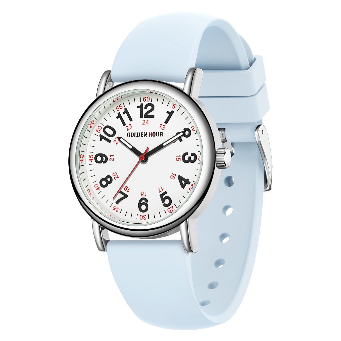 GOLDEN HOUR Waterproof Nurse Watch for Medical Professionals, Students Women Men - Military Time Luminouse Easy Read Dial, 24 Hour with Second Hand, Colorful Silicone Band