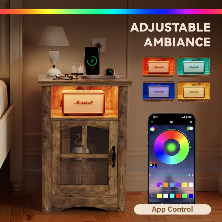 Homall Nightstand with Charging Station & Adjustable LED Lights, End Table Bedside Table with Glass Door & Open Shelf for Bedroom Living Room, Brown