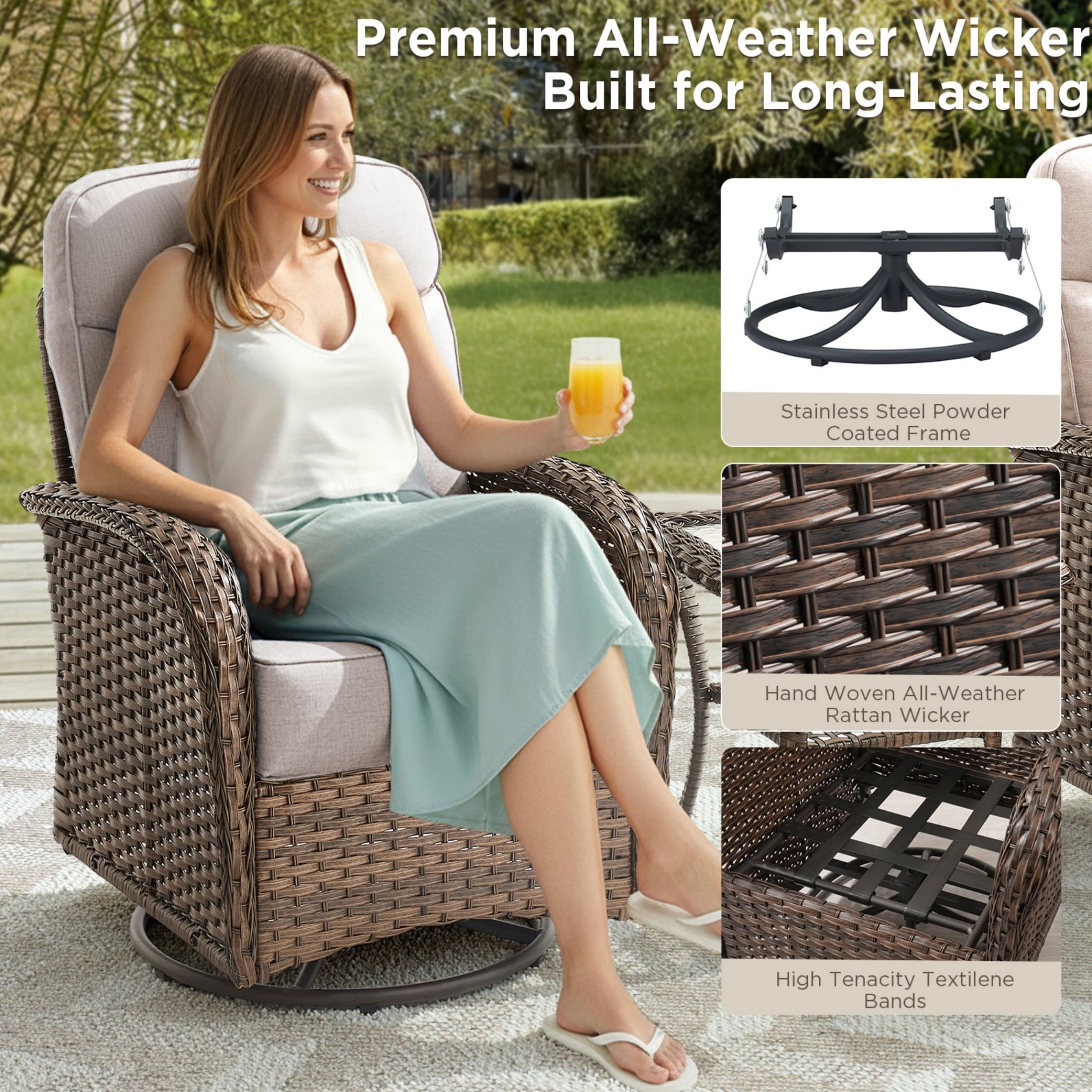 Unnifurnzi 5 Pieces Patio Furniture Set-6'' Thick Cushions Outdoor Furniture with Swivel Rocker Chairs Outdoor Couch and Ottomans Wicker Patio Furniture for Deck Porch Garden Poolside-Brown/Beige