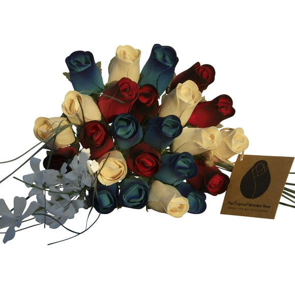 The Original Wooden Rose Primitive Patriotic 2 Dozen Red with Black Tips, White and Blue with Dark Blue Tips Bouquet