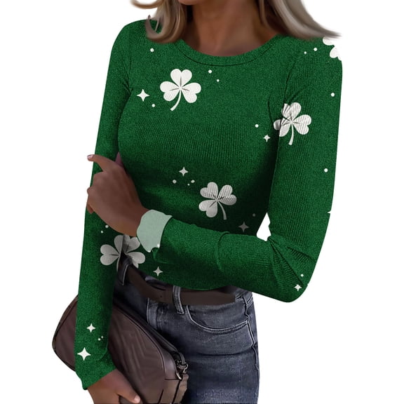 ASDFVBKG St Patrick's Day Patterned T-Shirts for Women Y2k Crew Neck Basic Long Sleeve Slim Fit Shirts Ribbed Knit Lucky Shamrock Comfortable Pullover Tops Dark Green XL