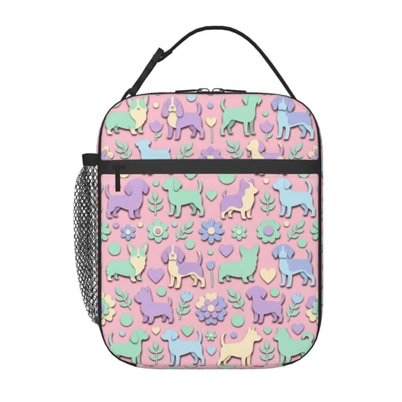 Dog Lunch Bag For Women Men, Pink Floral Corgi Beagle Insulated Reusable Lunch Box, Thermal Lunch Tote For Office Work Travel, Patterned Cooler Bag