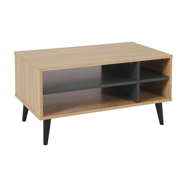 CorLiving Cole Rectangle Engineered Wood Indoor Coffee Table with 4 Open Shelves, Light Brown/Grey