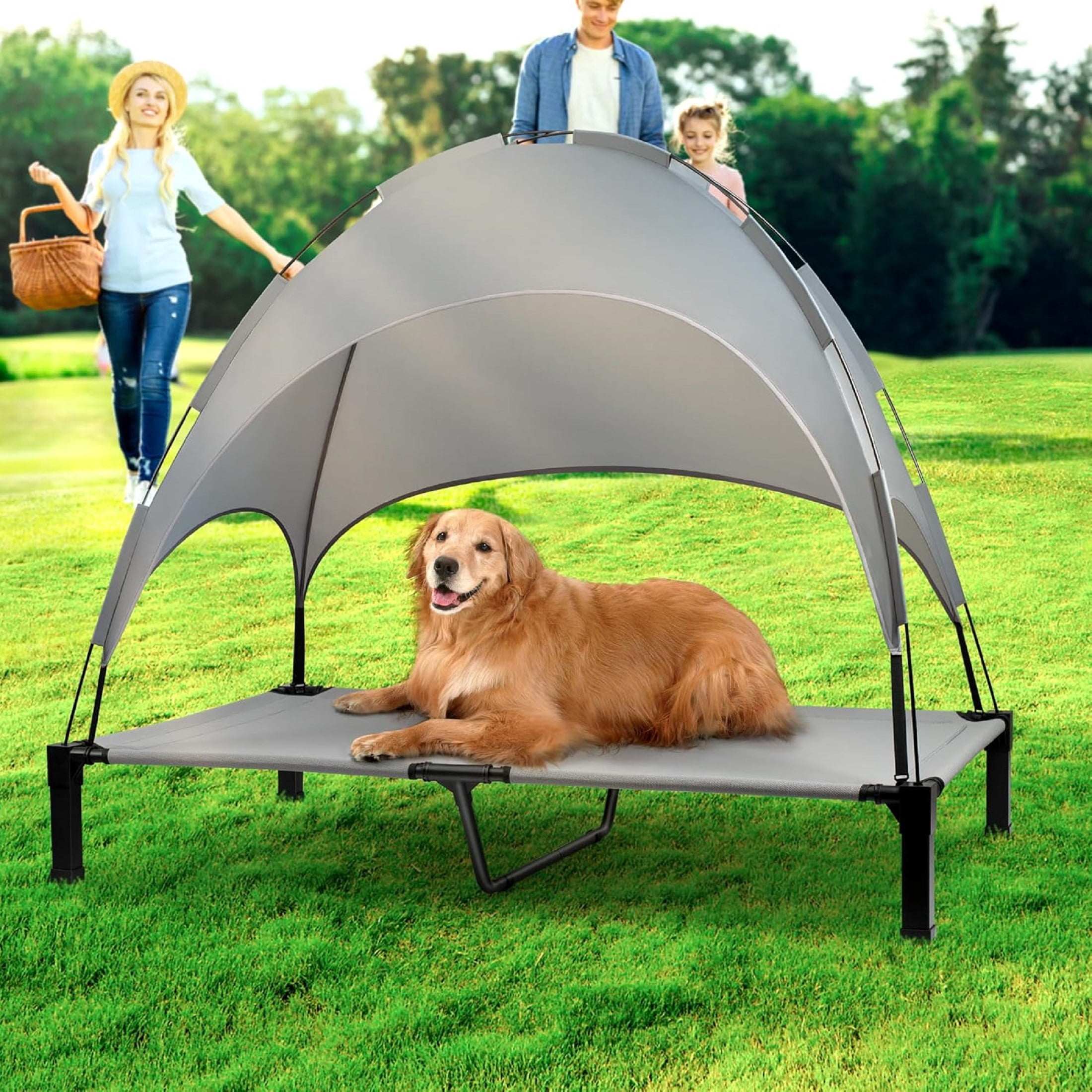 Niubya Cooling Elevated Dog Bed, Portable Raised Pet Cot with Removable Canopy and Washable Mesh, Extra Large, Grey