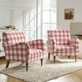 thumbnail image 3 of Plaid Accent Chair Set of 2, Wooden Legs Upholstered Armchair Lounge Sofa Home Living Room Red, 3 of 8