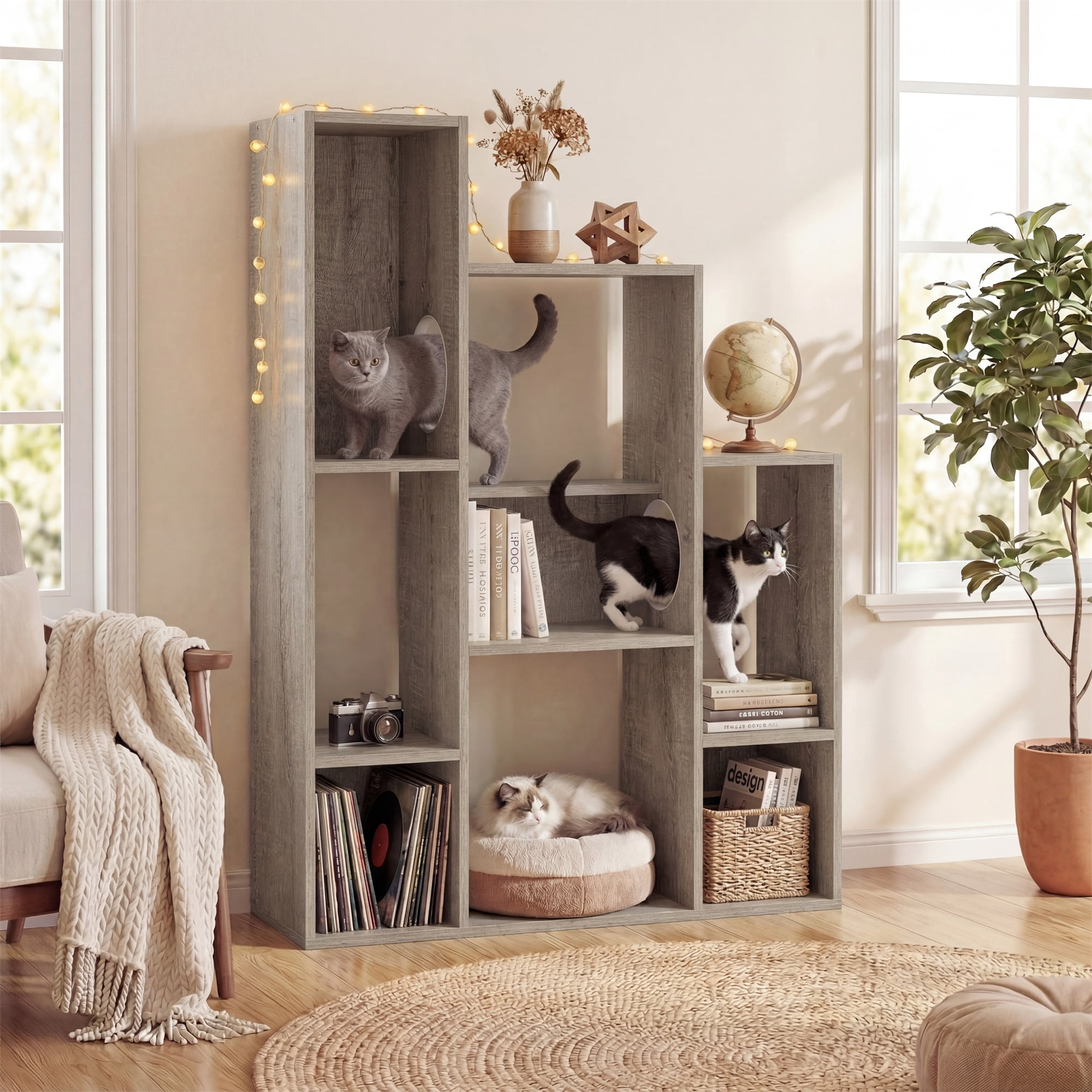 ELLEGNT 8‑Shelf Cat Tree Cabinet - Wooden, 2 Cat Holes, Anti‑Tipping, Multi‑Tier Storage for Living Room, Bedroom, Office, Gray Oak