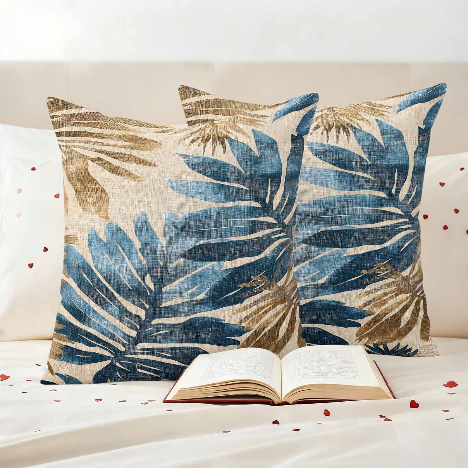 Pack of 2 Outdoor Pillow Covers 24x24 Inch Waterproof Blue Brown Palm Leaf Throw Pillow Covers,Decorative Couch Pillow Shams Protectors Retro Summer Botanical Patio Garden Pillowcases Cushion Covers