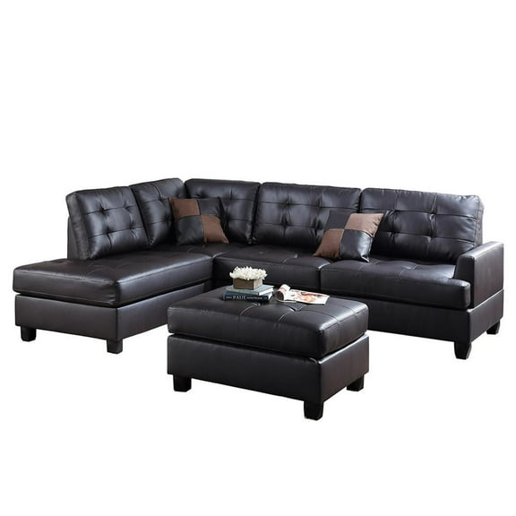 Poundex 3 Piece Faux Leather Sectional Sofa Set with Ottoman in Espresso