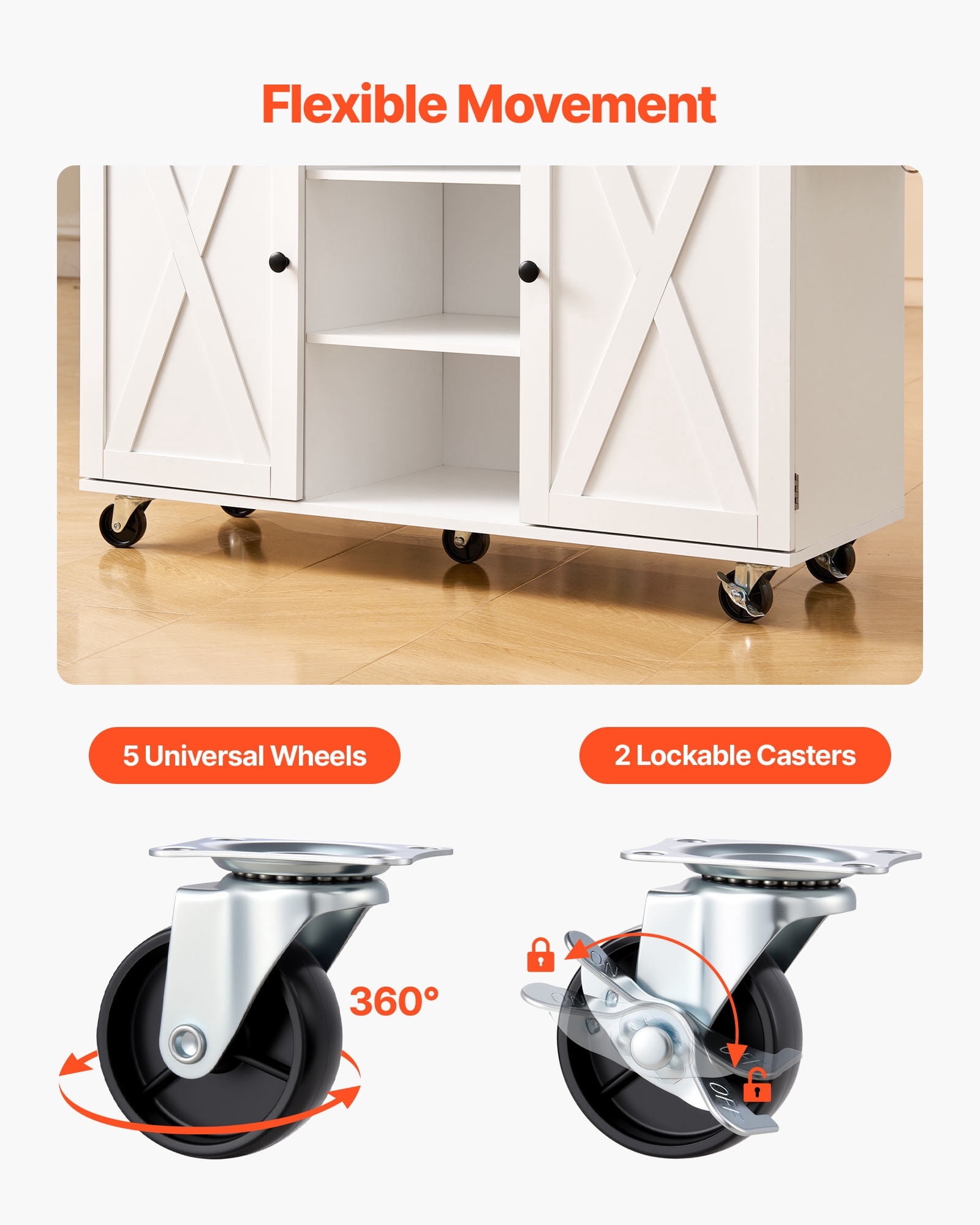 VEVOR Kitchen Island Cart, with Solid Wood Top and Storage Cabinet, Mobile Rolling Table with Drop Leaf,Drawers, Spice Towel Rack,Portable Islands on Swivel Wheels for Dining Room,52in Width,White