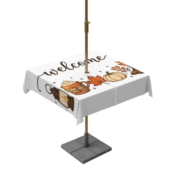 Outdoor Tablecloth with Umbrella Hole, Welcome Fall Maple Leaf Orange Zippered Table Cloth for Rectangle Tables, Thanksgiving Pumpkin White Washable Waterproof Tablecloths for Picnic Patio Garden