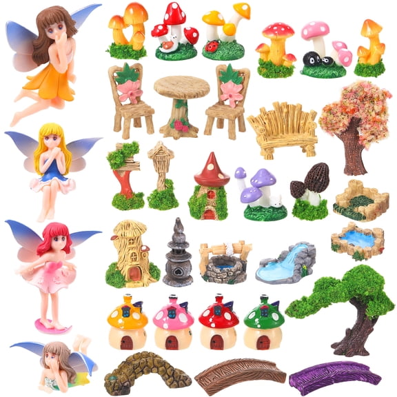 topjuju 32 Pcs Fairy Garden Miniature Kits with Bridge, House, Water Well, Fence, Pond & Mushroom Decor for DIY Terrarium, Succulent Planter, Desk & Landscape Crafts