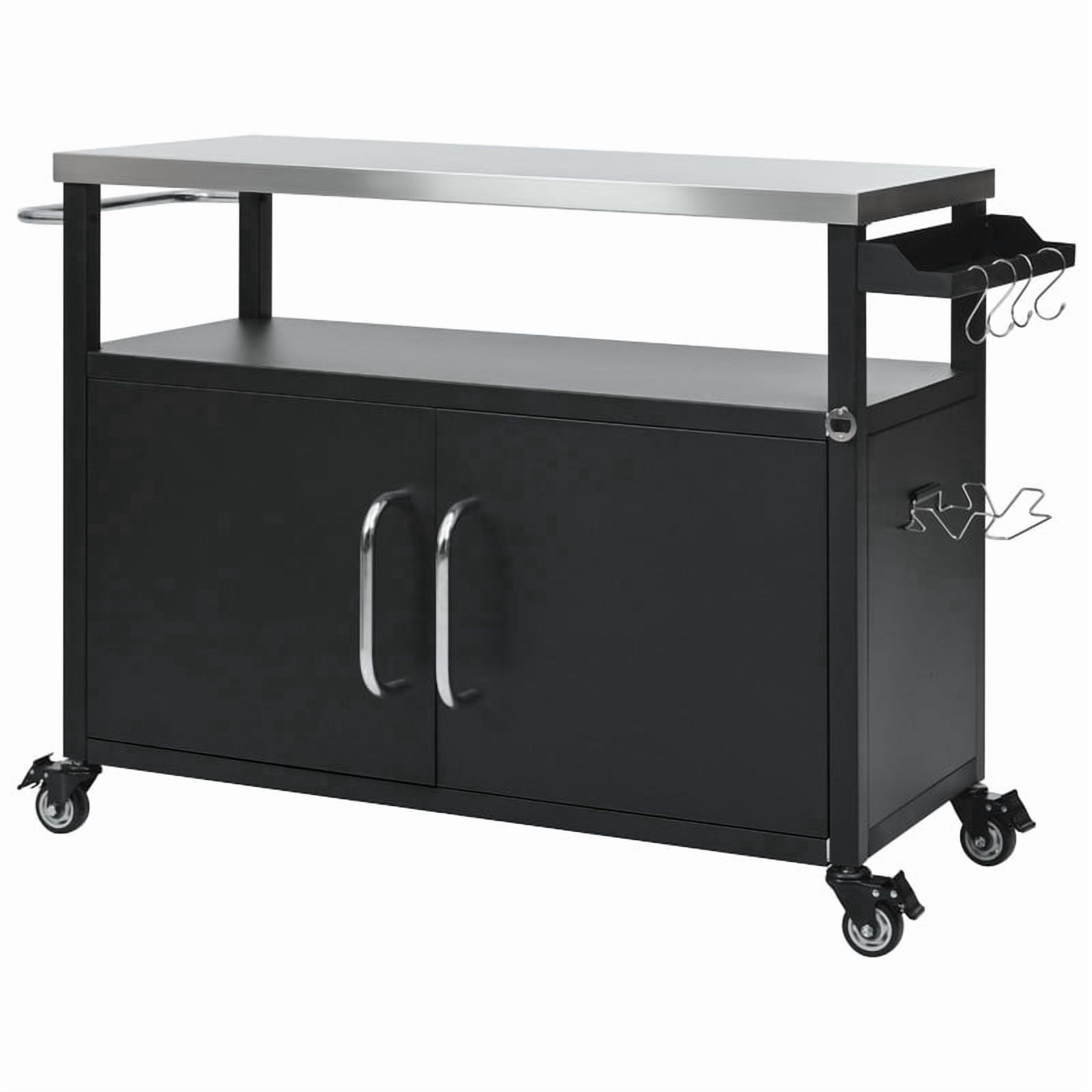 Outdoor Kitchen Island with Stainless Steel Tabletop, Outdoor Metal Grill Cart with 4 Lockable Wheels, Metal Grill Table with Spice Rack and Towel Rack for Outside BBQ