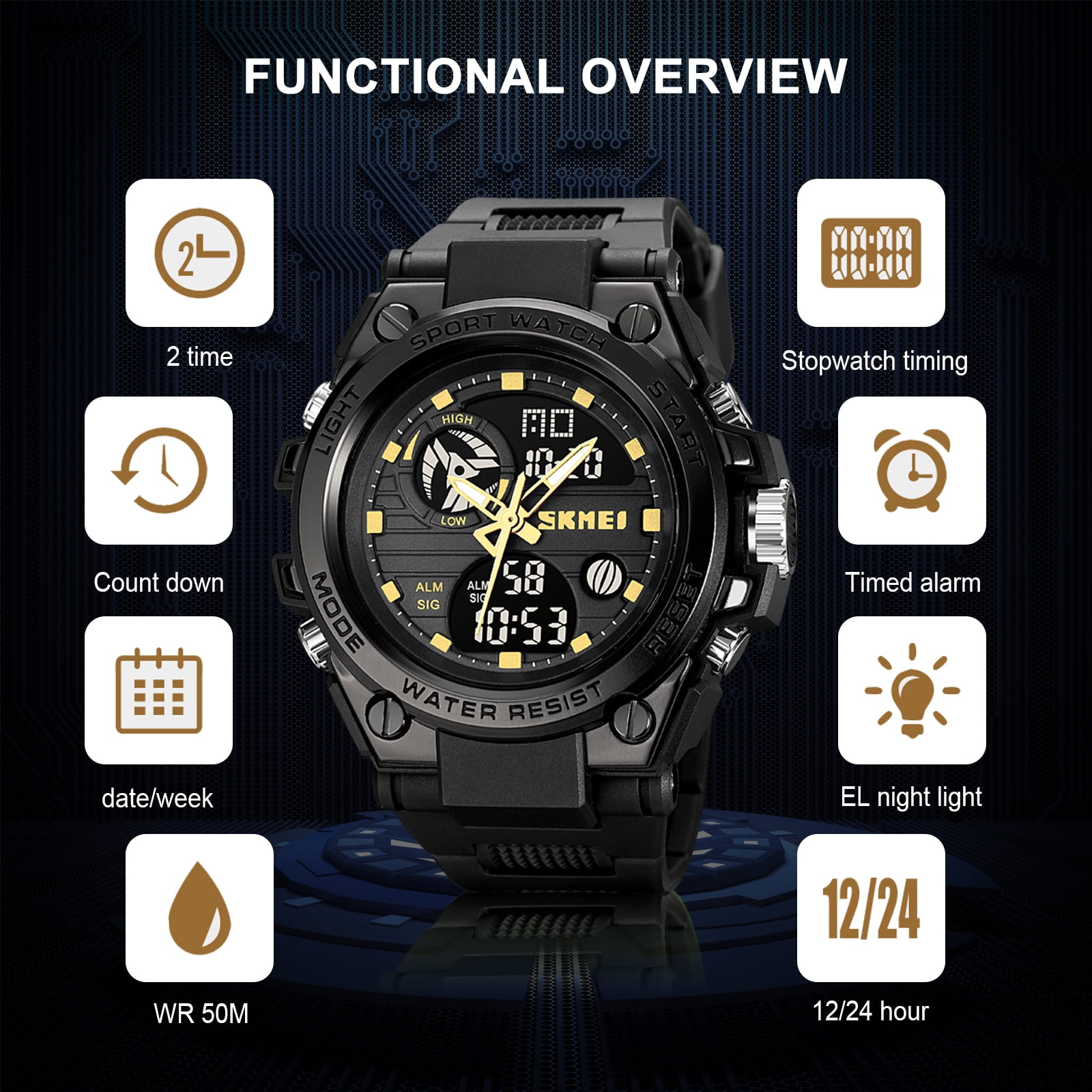 SKMEI Mens Digital Watch Sport Waterproof Watch Analog Military Tactical Watches LED Backlight Alarm Stopwatch Wrist Big Face Watches