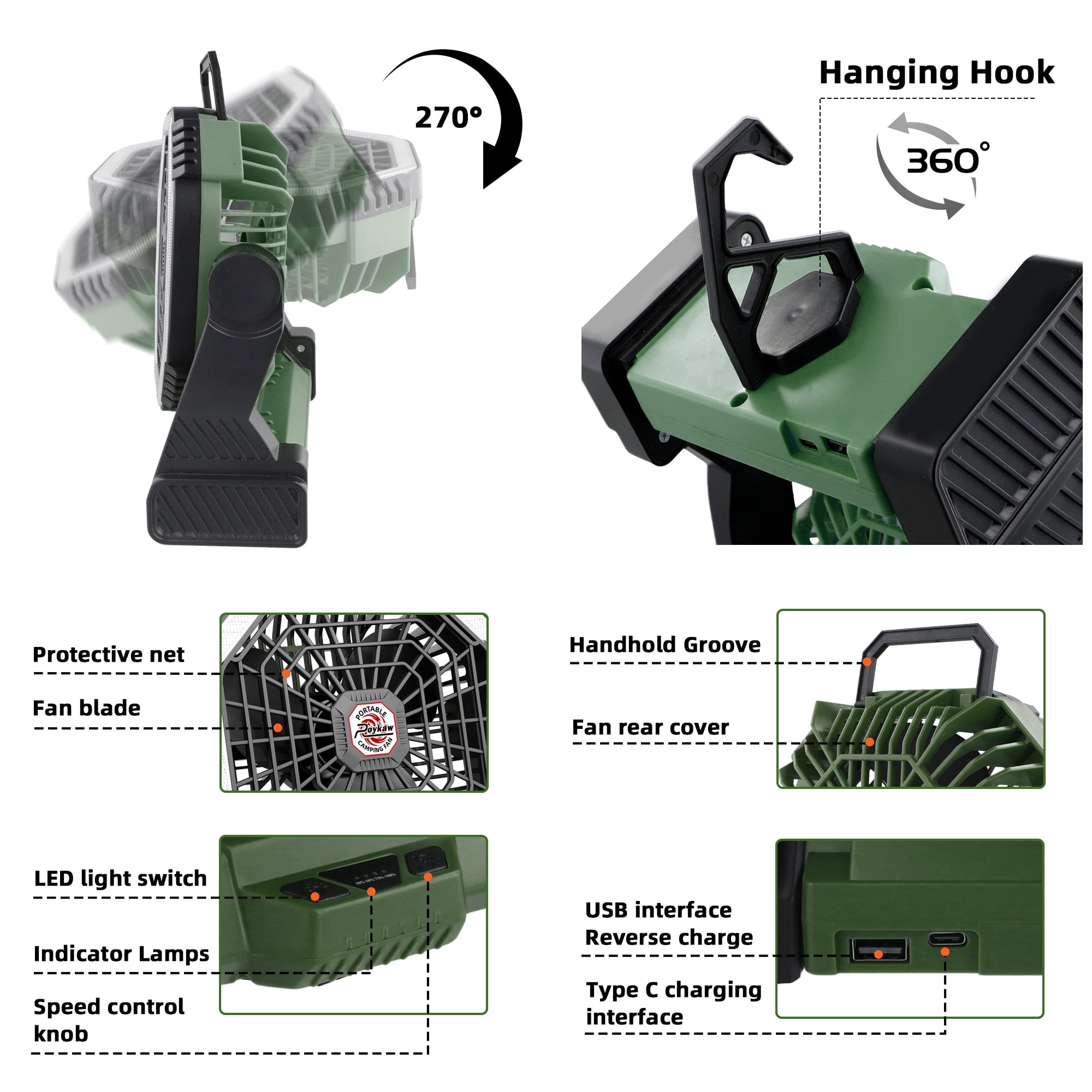 Roykaw 10400mAH Rechargeable Camping Fan with Ultra-bright LED Light, 4-Speed Wind & 3-Level Light