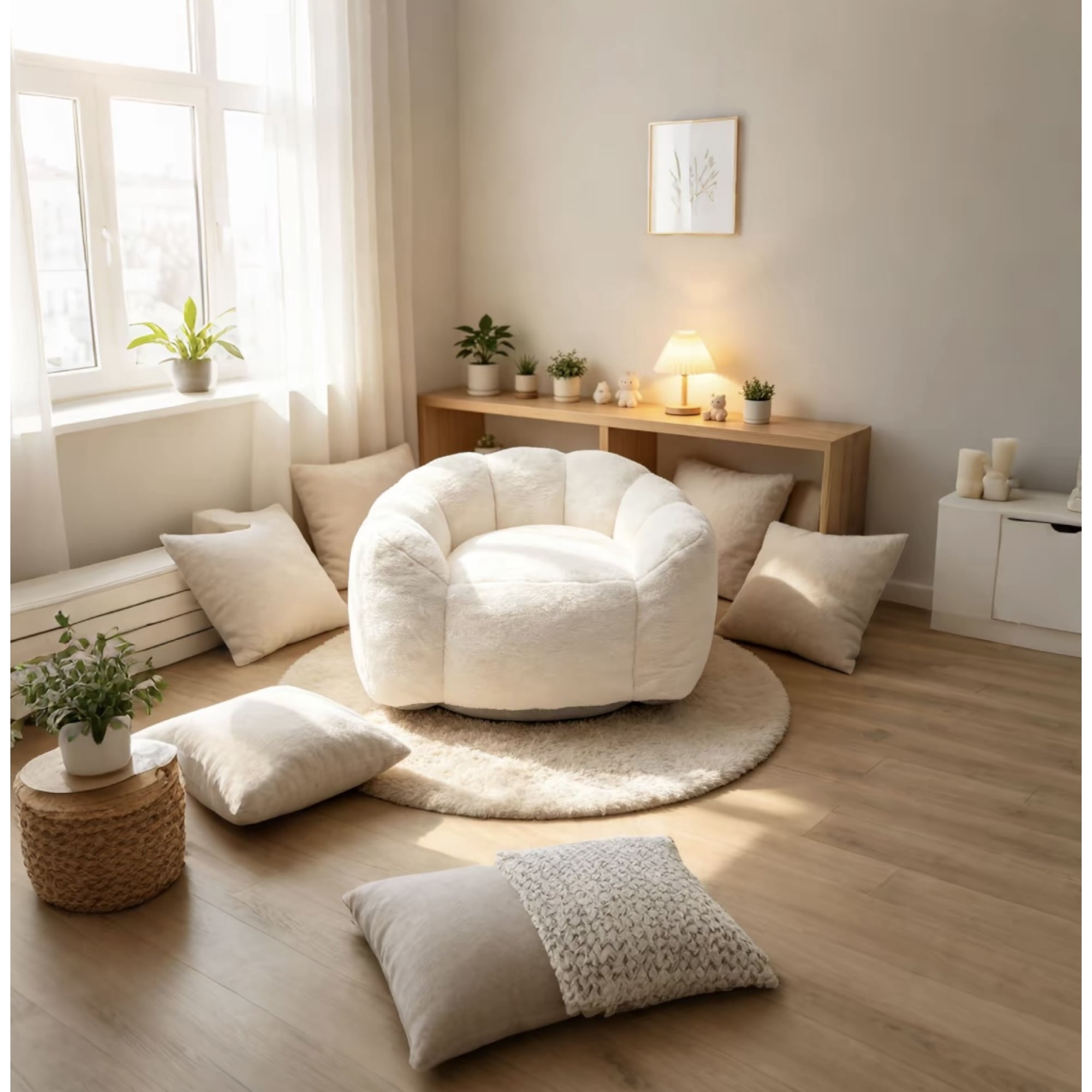Leumius Large Lazy Sofa Chair, Comfortable Velvet Fabric Large Petal Sofa for Bedroom, Living Room and Gaming Beige