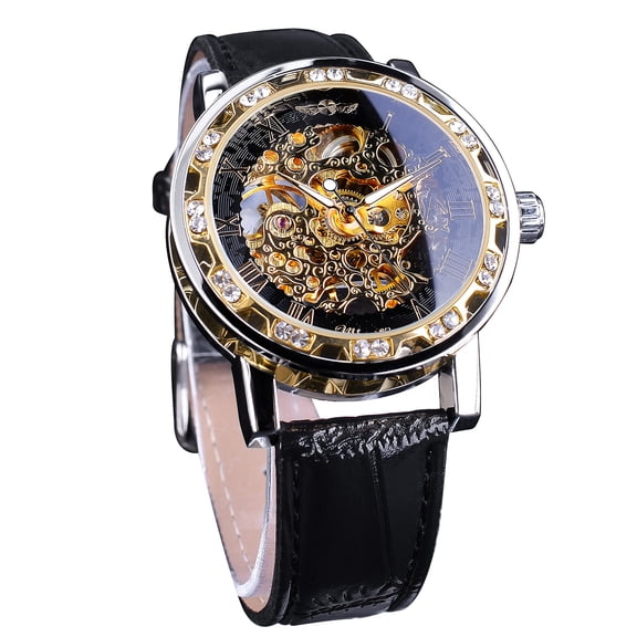 Retro Manual Mechanical Skeleton Watch with Diamond and Carving Flower Craft Men Skeleton Wrist Watch Mechanical Classic Roman Number