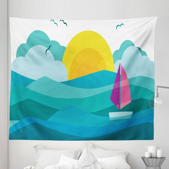 Colorful Tapestry, Contemporary Art Style Sunny View of Ocean with Sailing Yacht Marine Travel Hobby, Fabric Wall Hanging Decor for Bedroom Living Room Dorm, 5 Sizes, Multicolor, by Ambesonne