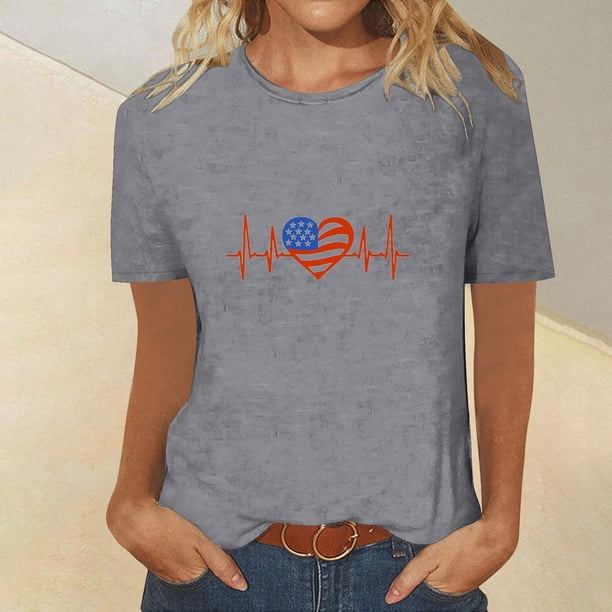 Fiudx Ofertas Flash Del Día Camiseta de Manga Corta con Cuello Redondo y Estampado Del Día de La Independencia para Mujer, Top/Camisa de Manga Corta con Cuello Redondo
