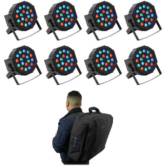 8) Rockville RockPAR50 LED RGB Par Can DMX DJ Stage Club Wash Up-Lights Backpack