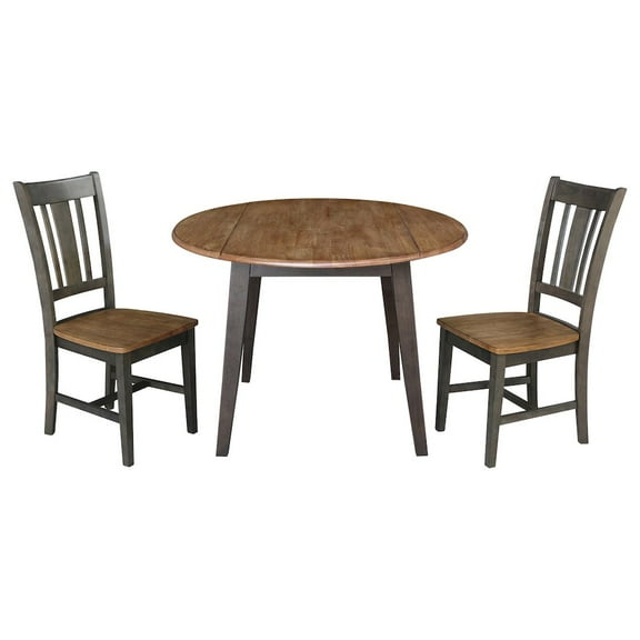 42" Round Solid Wood Dual Drop Leaf Table with 2 Chairs in Hickory/Washed Coal