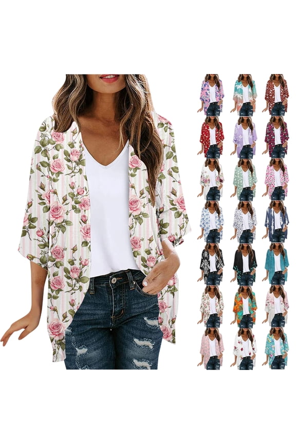 Women's Fashionable Floral Print Puff Sleeve Kimono Cardigan Loose Plus Size Chiffon Cover Up Casual Blouse Tops