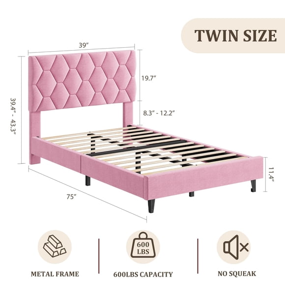 Kojooin Upholstered Bed Frame, Adjustable Headboard Platform Design with Strong Wooden Slat Foundation