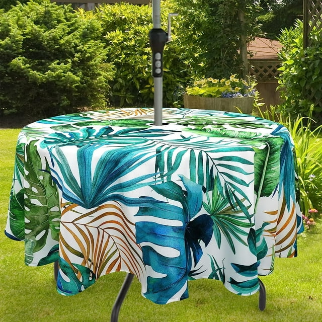 Nappe d'Extérieur Imperméable avec Trou pour Parasol pour Table Ronde 60x60 Pouces Nappe de Patio Forêt Tropicale avec Fermeture Éclair