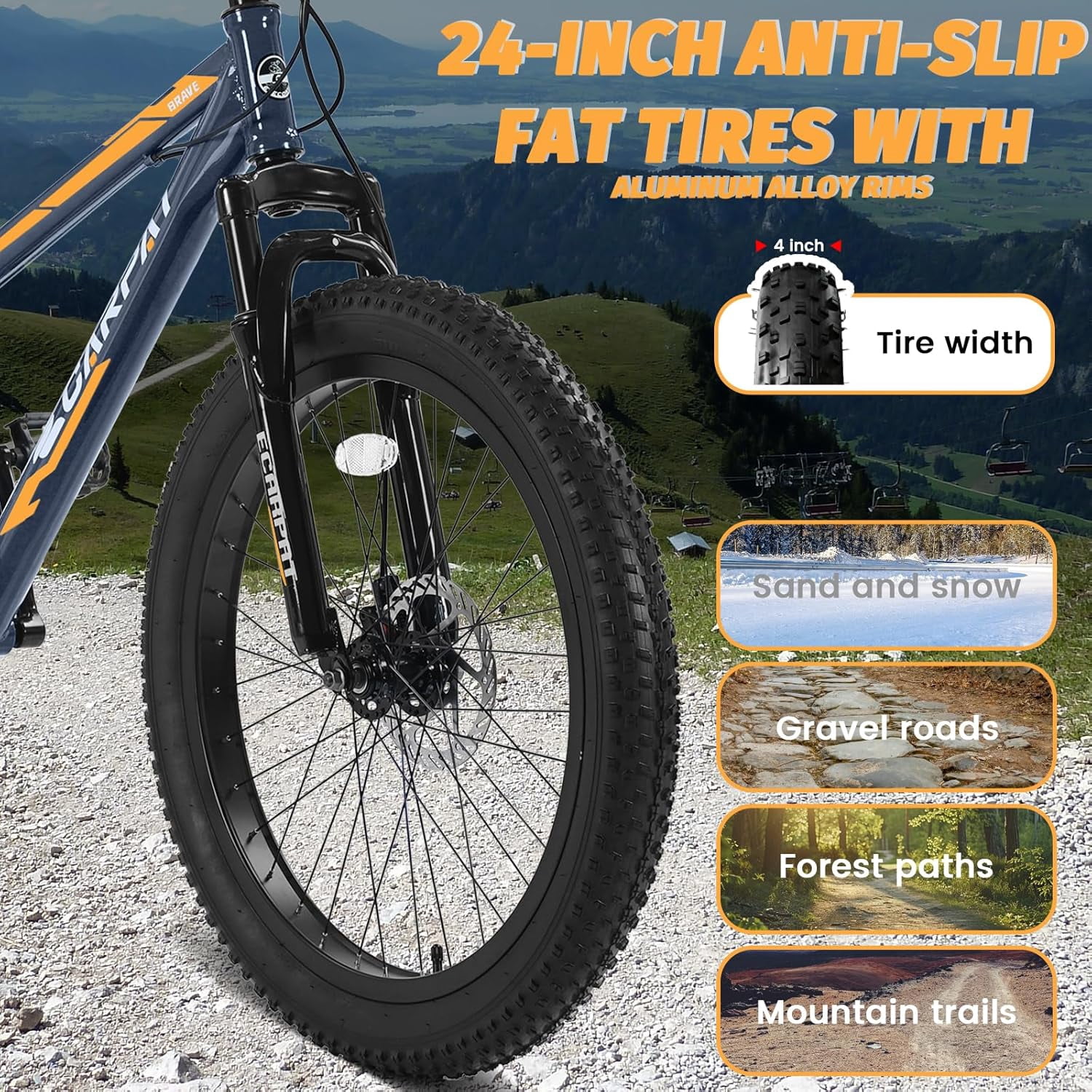 Ambifirner 24 Inch Mountain Bike For Men And Wome Snow Wide Tire Adult Bicycle 7 Speeds Dual Disc Brake,High Carbon Steel Frame All Terrain Mountain Bicycles
