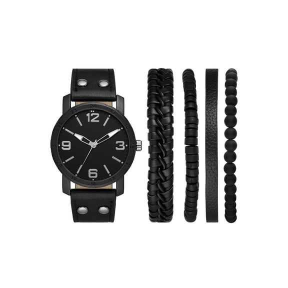 Folio Men's Gift Set; Gunmetal Tone Round Case with Black Vegan Leather Strap and Multi Layered Bracelets (FMDAL1179)
