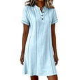 thumbnail image 2 of QUNYINEY Short Sleeve Womens Summer Casual Dresses Blue Mini Faux Cotton Linen A Line Dress Loose Fit V Neck Button Dresses, 2 of 6