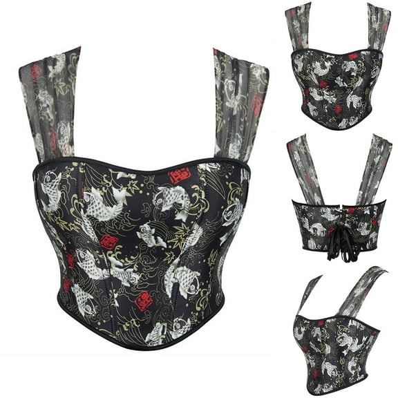 Jinhomg Bustier Tops for Women Vintage Floral Lace Up Corset Top Renaissance Court Overbust Waist Cincher Bodyshaper Corsets Back to College Sale Black L