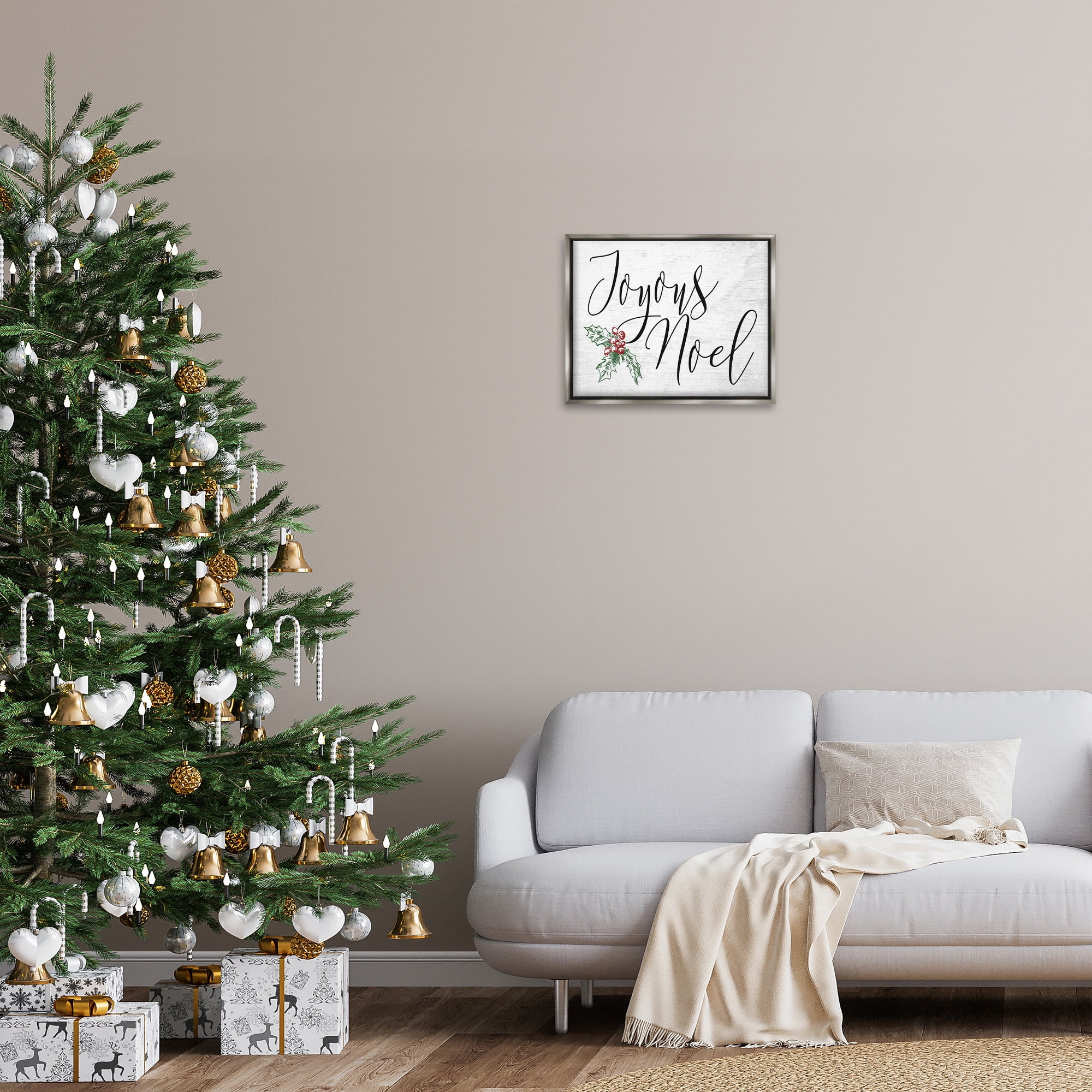Stupell Industries Joyous Noel Christmas Botanicals Holiday Painting Gray Floater Framed Canvas Art Print Wall Art, 21 x 17