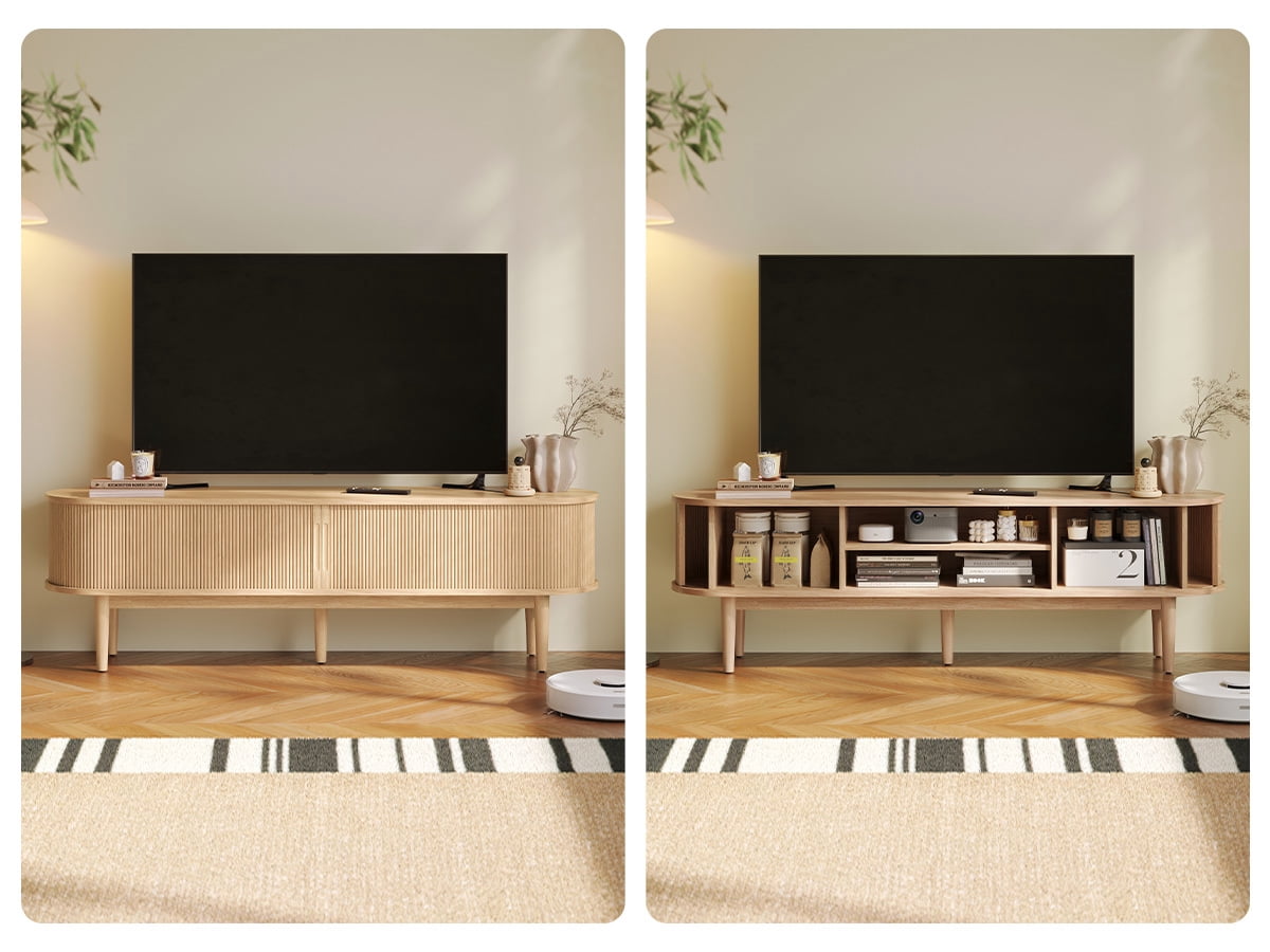 LINSY HOME Fluted TV Stand for TVs up to 75", Mid-Century Home Entertainment Center with Sliding Tambour Door and Adjustable Shelves, Oak