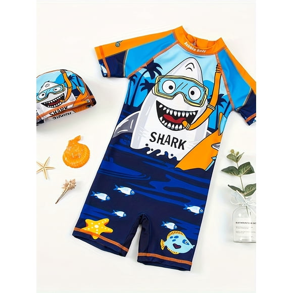 2 Pcs Maillot de Bain Motif Requin Mignon pour Garçons, Ensemble T-shirt & Maillot de Bain & Chapeau, Combinaison de Surf Extensible, Maillot de Bain pour Enfants pour Vacances d'Été à la Plage