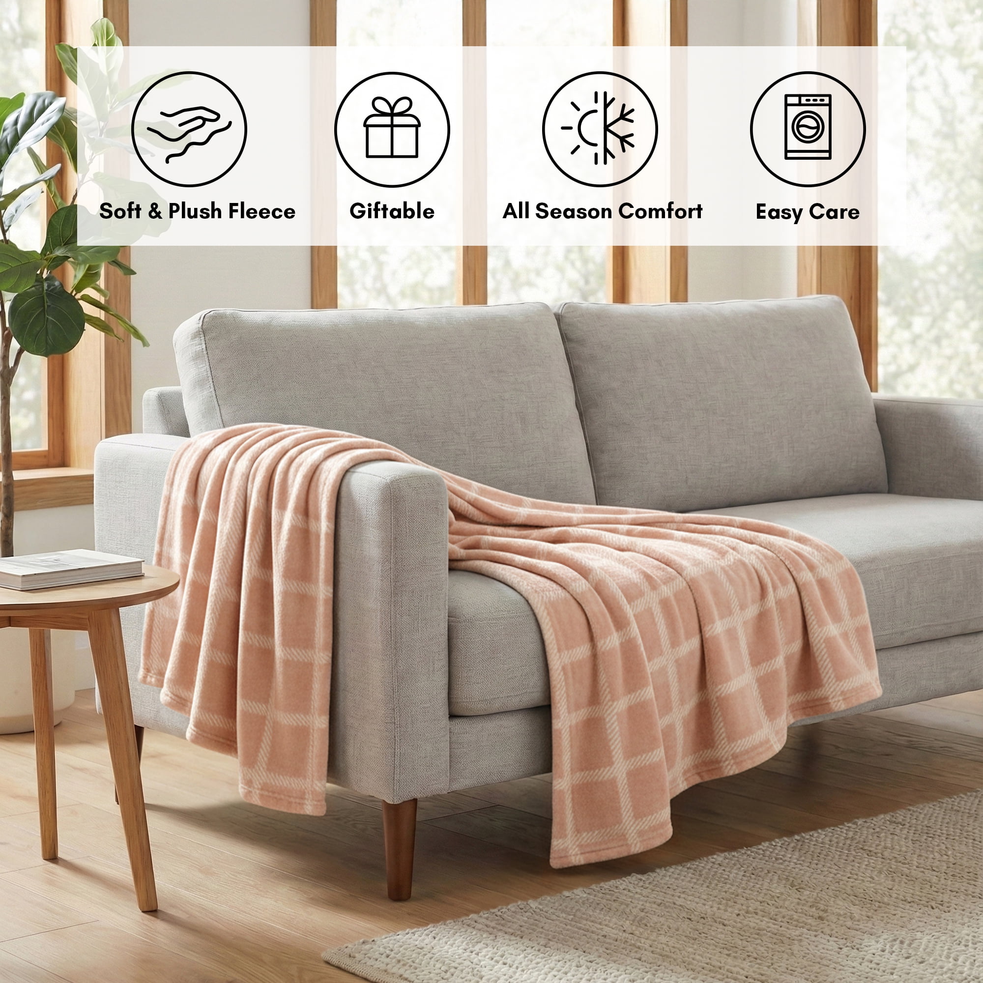 Fleece Throw Blanket - 50x60 Inch - Modern Dash Windowpane Design - Ultra Soft Warmth - Pink