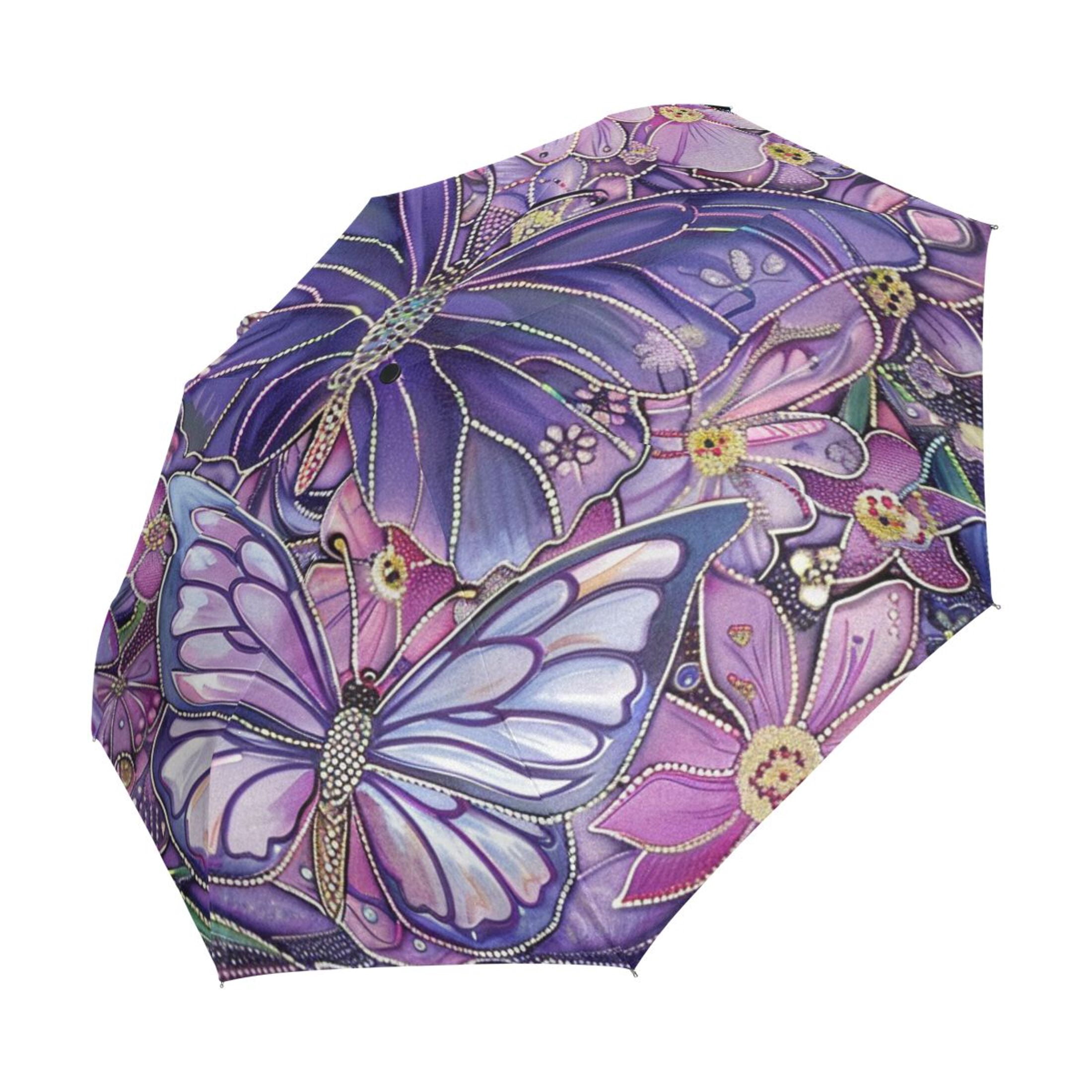 YAZAOO One-Touch Auto Open Close Rain Umbrella With Creative Purple Butterfly Garden Pattern