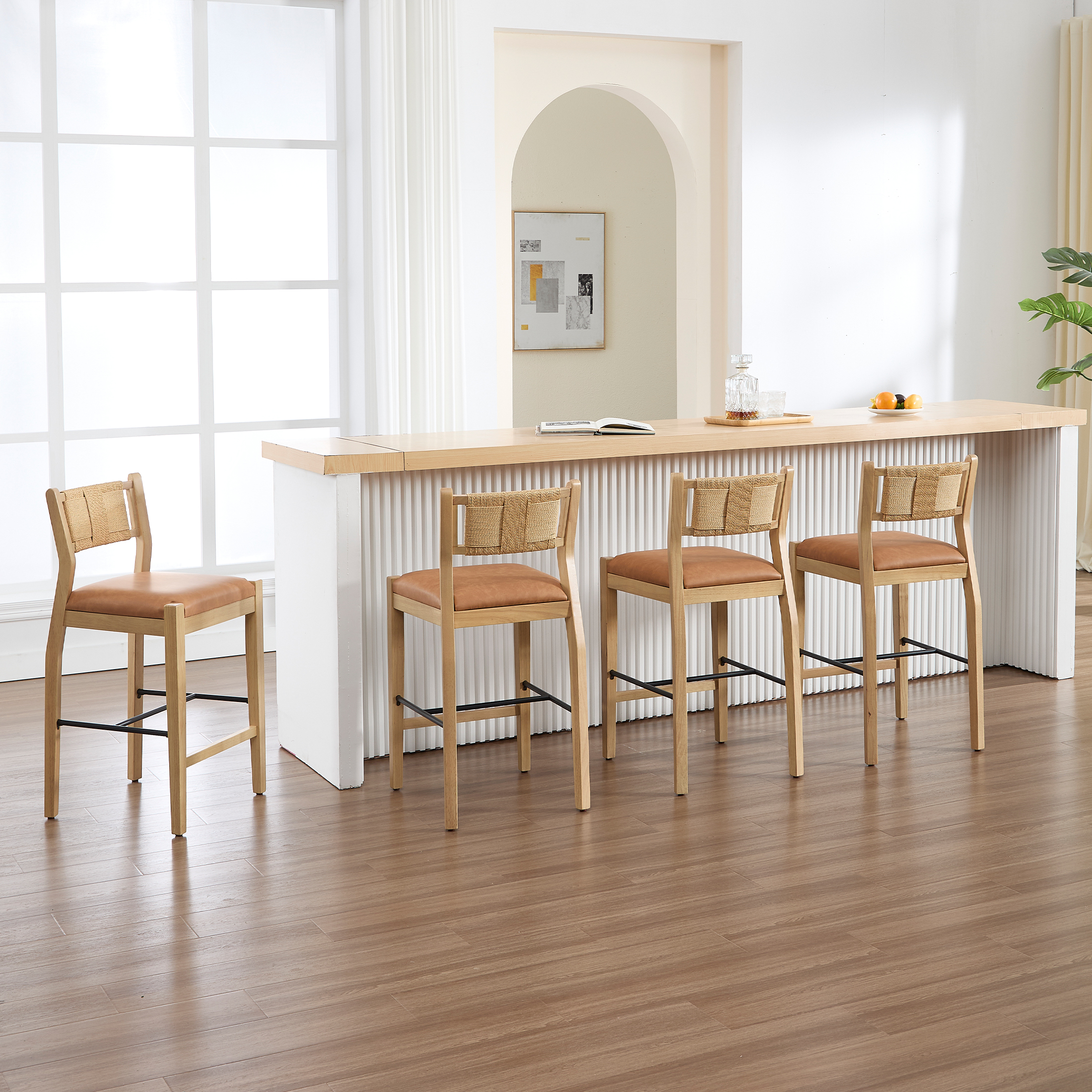 Guyou 26" Rattan Barstools Set of 2, Boho Solid Wood Counter Height Bar Stools, PU Upholstered Kitchen Island Chairs for Dining Room Bar, Brown