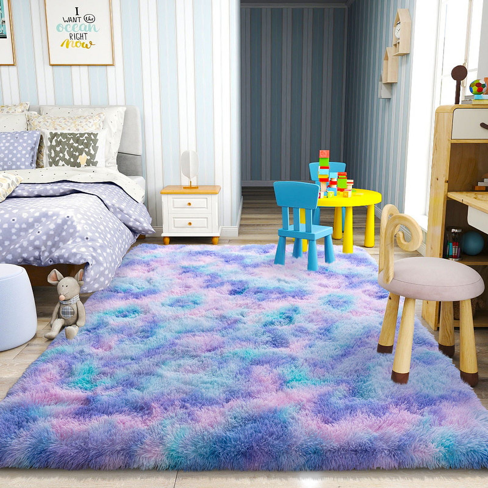 area rug 4x6ft for Bedroom Tie-dye orchid rainbow Rugs for Living Room Nursery bedroom rug Kids Room Dorm Home Decor Aesthetic, Fluffy Shaggy Rug with Anti-Slip Carpet Tapes Non-Slip Stickers