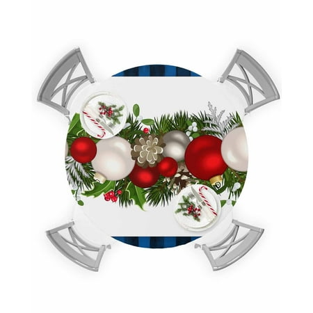 

Round Tablecloth with Elastic Christmas Ball Berry Pine Needle Blue and Black Plaid Waterproof Table Cover Wipeable Fitted Table Cloths for 45 -54 Round Tables Dining Kitchen Indoor Outdoor Use