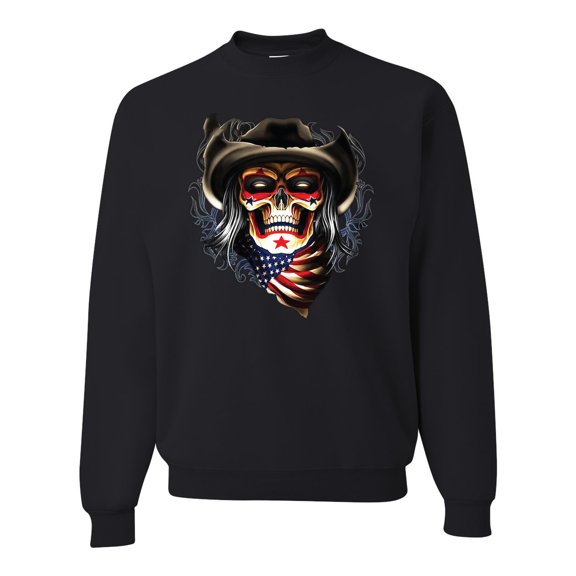 Cowboy Skull with American Flag Bandana | Mens Americana / American Pride Crewneck Graphic Sweatshirt, Black, Small