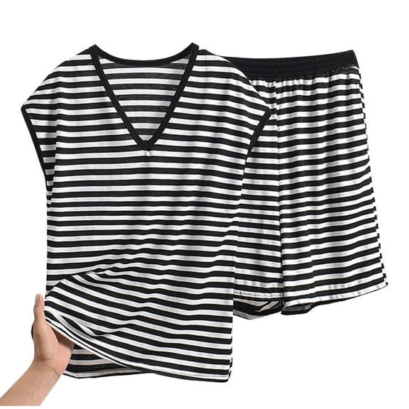 Miqool Women's Plus Size Pajama Set Striped Print V Neck Cap Sleeve Tee Shirts and Sleep Shorts Two Piece Lounge Sets Cotton Sleepwear