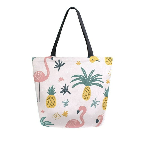 FORMRS Womens Canvas Tote Bag with Zipper Inner Pocket Shoulder Handbag, Flamingo Pattern