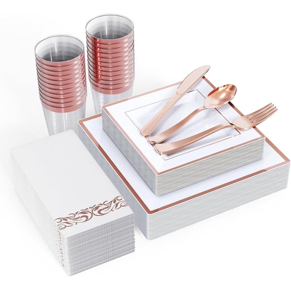 175 Ct Gold Dinnerware Set for 25 Guests - Square Plastic Plates with Diamond Rim, Including 25 Disposable Dinner & Dessert Plates, Napkins, Cups, Cutlery