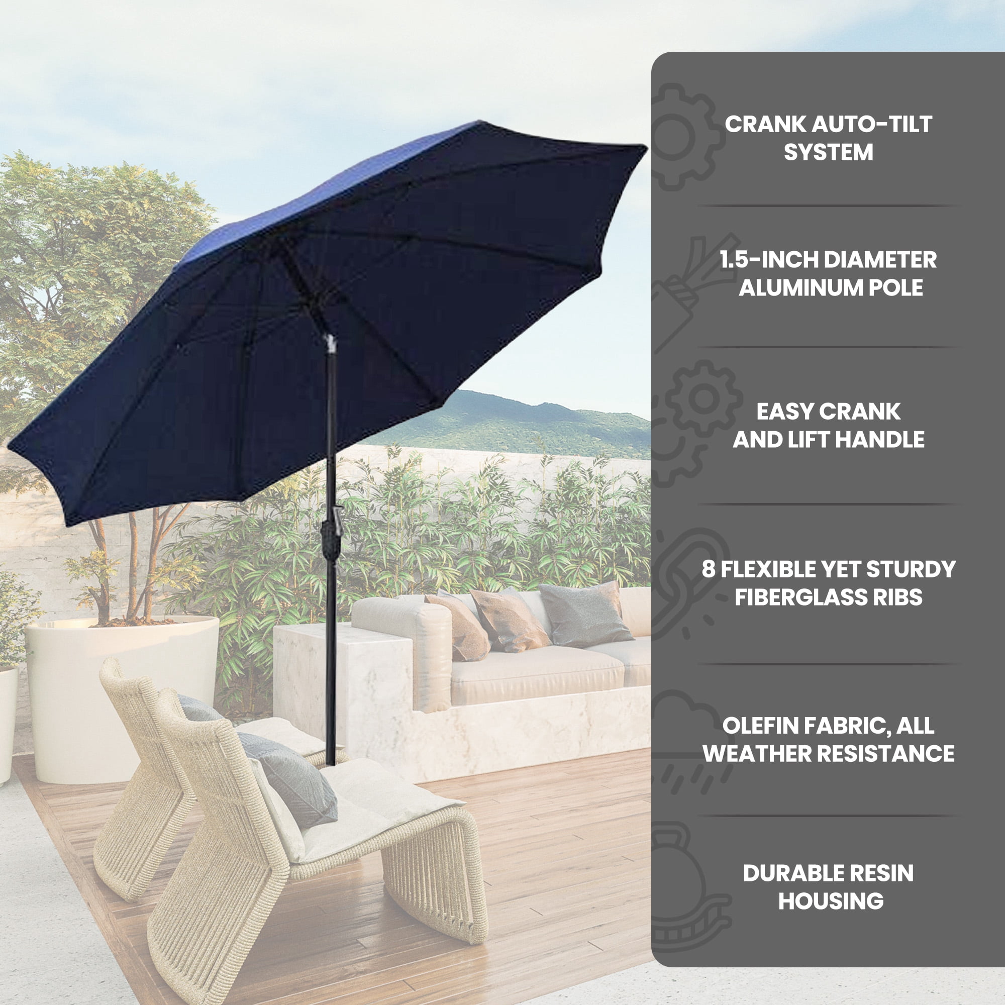 Four Seasons Courtyard 9 Foot Crank Lift Auto Tilt Patio Umbrella, Navy