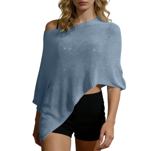 ZGRBOU Women Knit Poncho Top Y2k Off Shoulder Sheer Shawl Asymmetrical Hem Going Out Beach Swimsuit Coverup