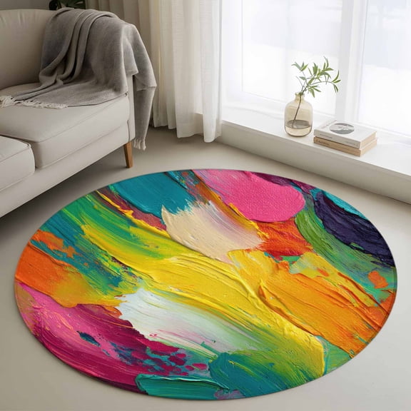 Colorful Pigment Round Area Rug 4 FT, Non Slip Indoor Outdoor Rug, Abstract Color Block Oil Painting Washable Circular Carpet Non-Shedding Floor Mat for Coffee Table Nursery Foyer Balcony