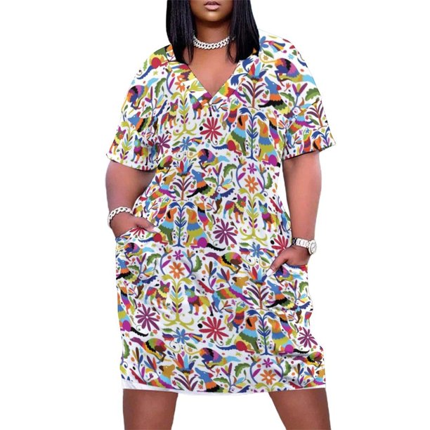 Vestido holgado Multicolor con estampado de perro Otomi para mujer vestido de verano con bolsillos elegante de lujo para fiesta de noche