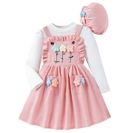 

Toddler Girls Long Sleeve Flower Tops And Dress Hat 3PCS Outfits Clothes Set for Children Kids Winter FallClothes for Winter New Born New Photo Prop Crib Sporty Clothes for Teen Girls Cute Outfits