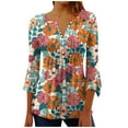 thumbnail image 2 of CYMMPU Loose Fit Button V Neck Flare Sleeve Floral Pattern Tunic Tops 3/4 Sleeve Blouses for Women Dressy Casual Summer Trendy Shirts Spring Tops Pleated Dressy T-Shirts 14, 2 of 5
