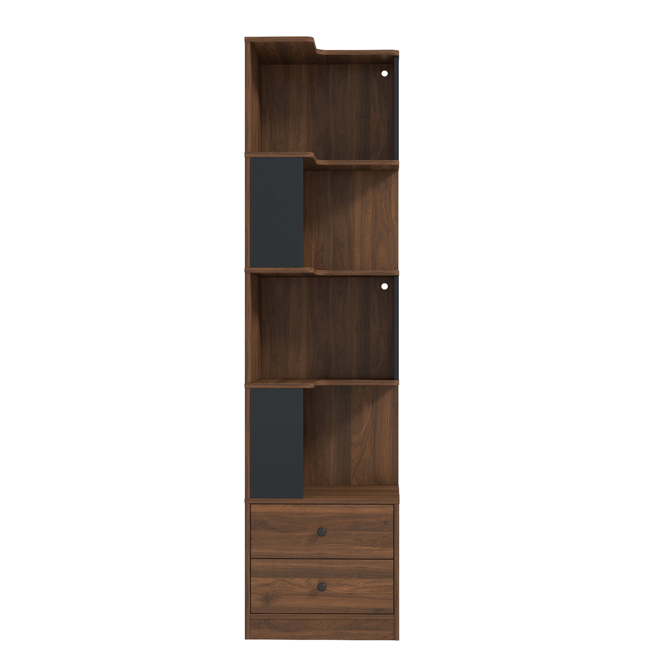 Noble House 68.9" 4-Tier Corner Bookcase with Hidden Drawers and LED Lights, L-Shaped Display Bookshelf, Walnut